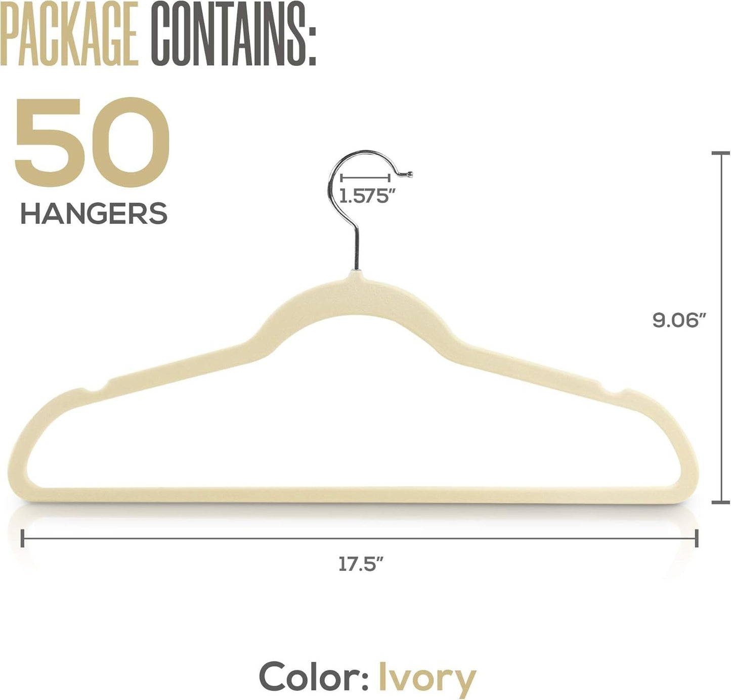 Utopia Home Pack of 50 Premium Non Slip Velvet Hangers - 360-degree rotatable Hook - Durable & Slim Coat -Pant Hangers - Ivory