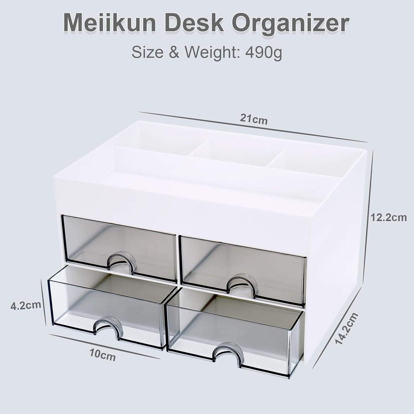 Meiikun Desk Organizer and Accessories, Plastic Stationery Storage Box with 4 Drawers, 3 Compartments & a Top Tray, Bathroom Organizers Makeup Brush Holder for Women, 21 cm x 14.2 cm x 12.2 cm (White)