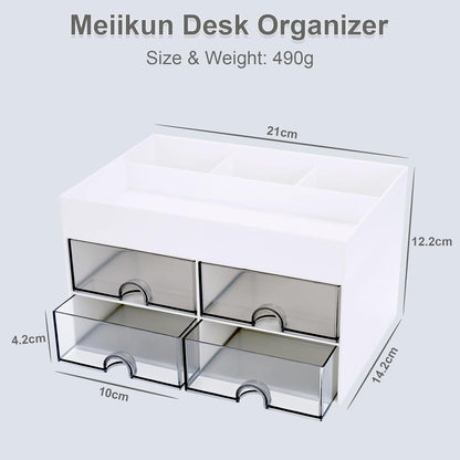 Meiikun Desk Organizer and Accessories, Plastic Stationery Storage Box with 4 Drawers, 3 Compartments & a Top Tray, Bathroom Organizers Makeup Brush Holder for Women, 21 cm x 14.2 cm x 12.2 cm (White)