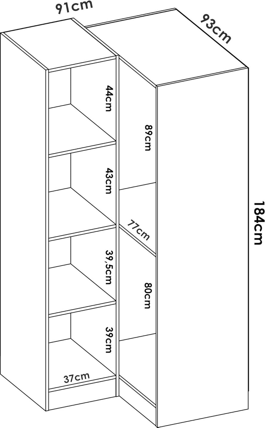 Dmora - Elgon 2 Door Wardrobe, Corner Wardrobe for Bedroom, Corner Clothes Cabinet, 91 x 93 x 184 cm, White
