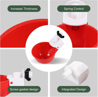 Psarnuk Chicken Waterer Cups (16 Pack/Red) - DIY Automatic Large Chicken Water Feeder for Ducks Quail and Various Poultry Dispenser with Matching Drill, Double Rubber Ring, Not Leaking Wate