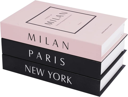 3 pcs City Decorative Books Set for Home Decor,Modern Black and Pink Faux Books,Hardcover Book,Stackfor Coffee Table and Shelf Accessories (Paris/Milan/Newyork)