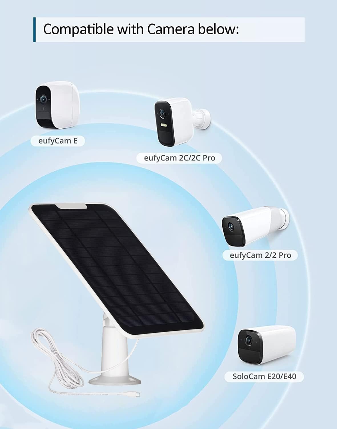 Upgrade 3PACK 5V 5W Solar Panel for Security Camera, Compatible with Eufycam 2C/2C Pro/2/2 Pro/E20/E40/E, Solar Panel with Micro USB Port, USB-C Adapter and 9.8ft/3m Charging Cord, White