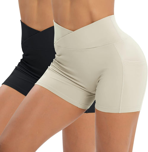 Iserkafe Workout Shorts for Women 2 Pcs Pack Cross Waist Active Gym Spandex Stretchy Yoga Compression with Side Pockets