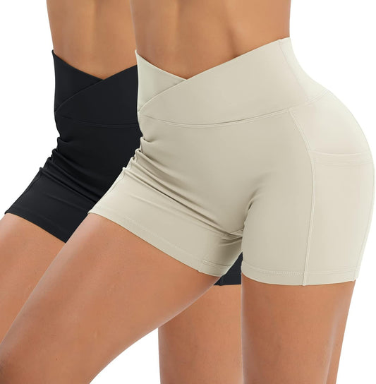 Iserkafe Workout Shorts for Women 2 Pcs Pack Cross Waist Active Gym Spandex Stretchy Yoga Compression with Side Pockets