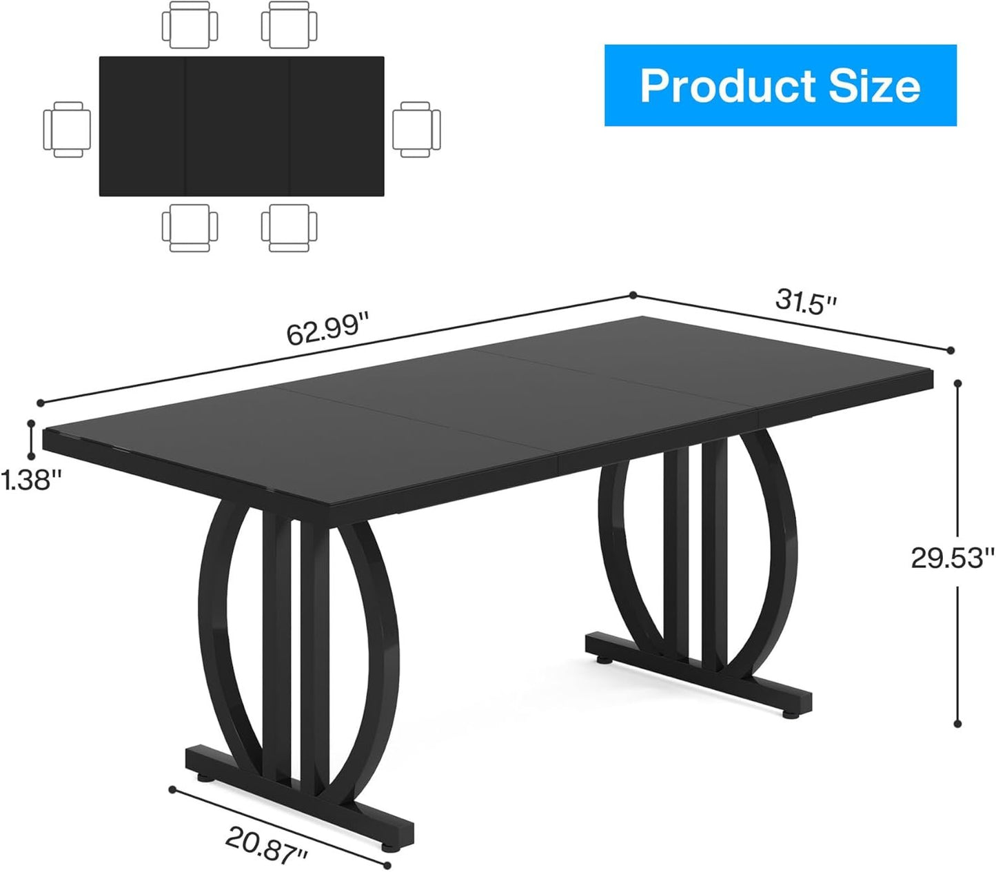 Tribesigns Black Dining Table for 4-6 People, 63-Inch Rectangular Kitchen Table with Strong Metal Frame, Modern Industrial Kitchen & Dining Room Furniture