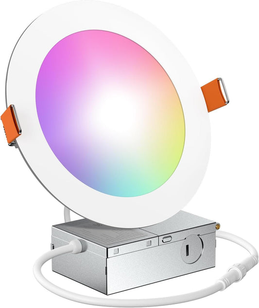 Amico 1 Pack 6 Inch Smart LED Recessed Lighting, WiFi Bluetooth Canless Downlight with Junction Box, RGB & 2700-6500K Color Changing, 12W=110W 1000LM, Works with Alexa/Google Assistant, APP Control