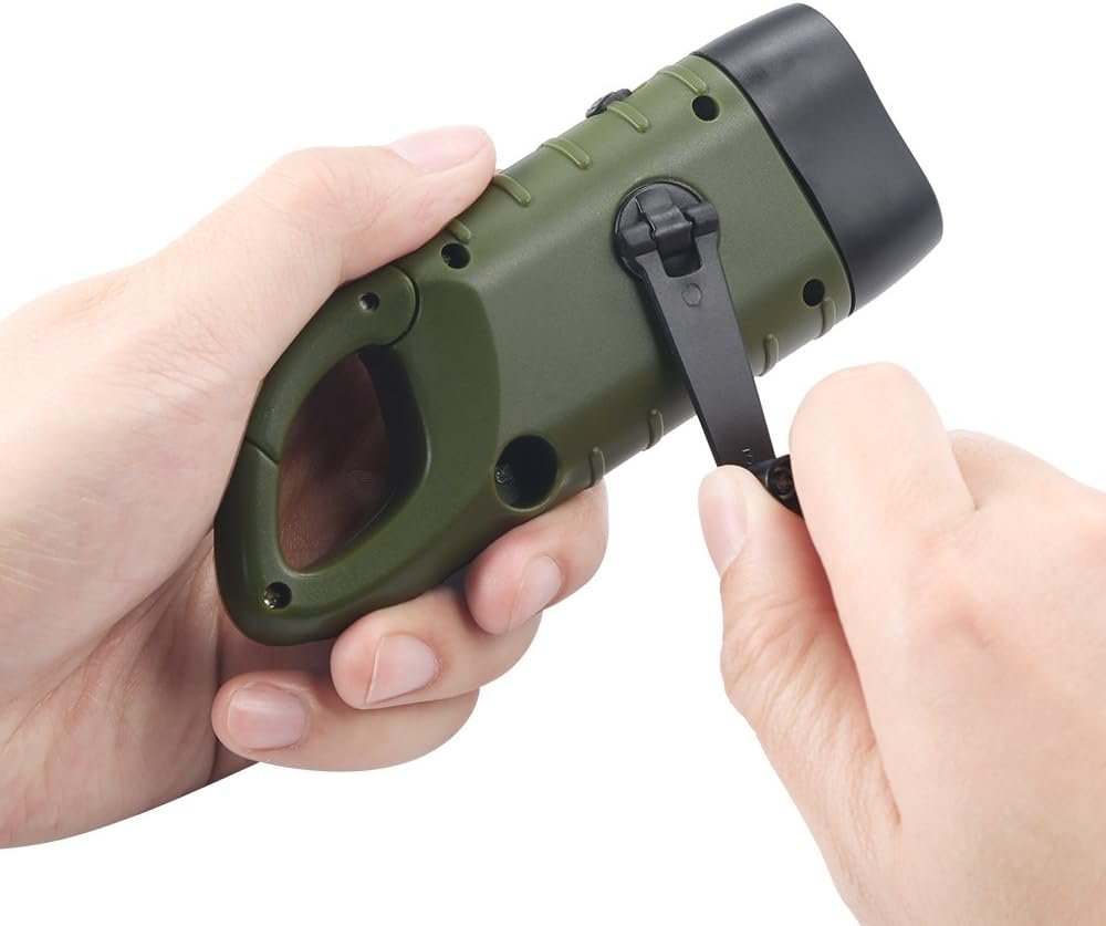 Simpeak Hand Cranking Solar Powered Flashlight, Emergency LED Flashlight Carabiner Dynamo Quick Snap Clip Backpack Flashlight Torch for Outdoor Camping Climbing Hiking, Green, Black