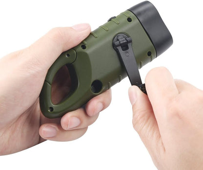 Simpeak Hand Cranking Solar Powered Flashlight, Emergency LED Flashlight Carabiner Dynamo Quick Snap Clip Backpack Flashlight Torch for Outdoor Camping Climbing Hiking, Green, Black