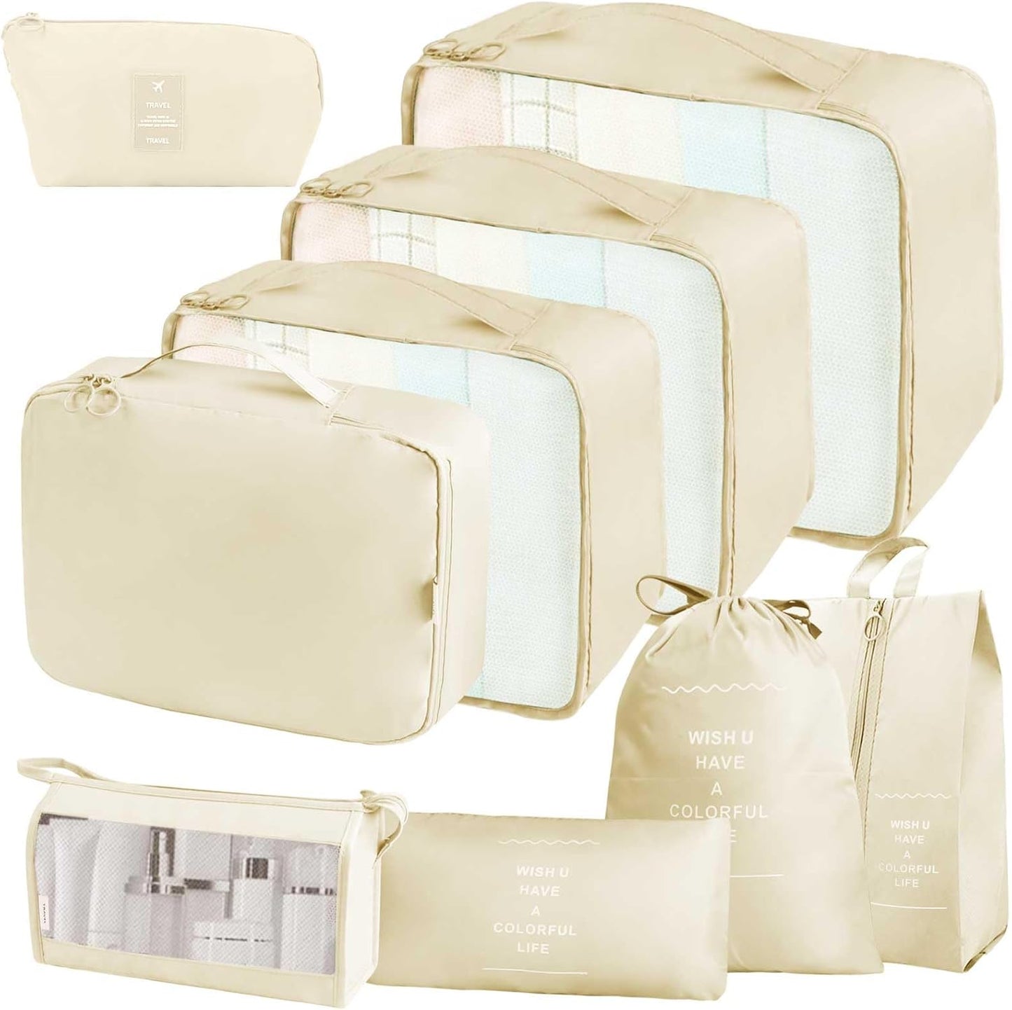 Neween 9PCS Packing Cubes for Suitcases, Travel Luggage Packing Organisers with Shoe Bag & Cosmetic Bag, Waterproof Travel Essential Cube Accessories Clothes Toiletries Storage Pouch (B-Beige)