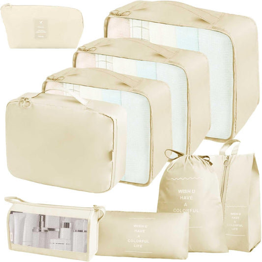 Neween 9PCS Packing Cubes for Suitcases, Travel Luggage Packing Organisers with Shoe Bag & Cosmetic Bag, Waterproof Travel Essential Cube Accessories Clothes Toiletries Storage Pouch (B-Beige)