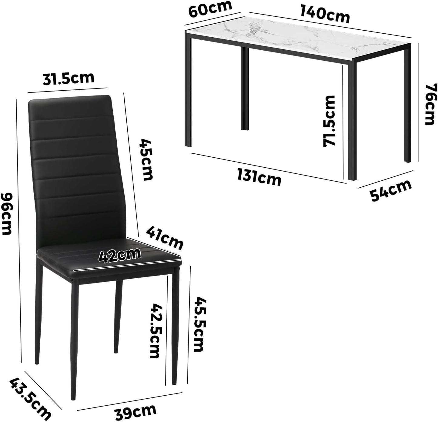 Oikiture Dining Table with Dining Chairs for Set 6PCS 140cm Rectangle Marble Table Top White&Black for Home Kitchen or Dining Room