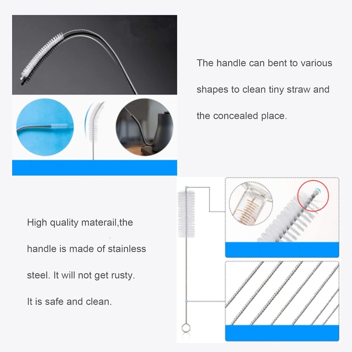 Pipe Straw Cleaner Brush 12 inch Long, 10 PCS Set Bristles Diameter(4+8+10+12+16mm) for Cleaning Straw, Pipe, Sippy Cup, Bottle and Tube