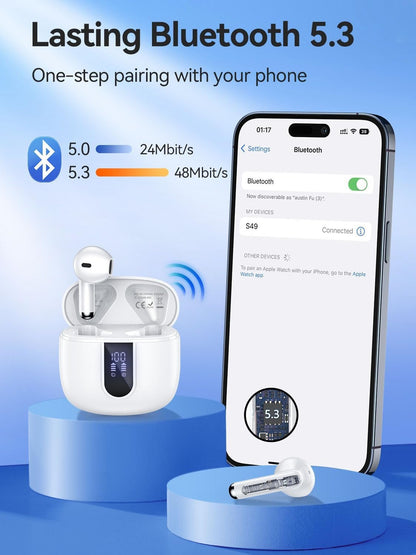 Wireless Earbuds, 2025 Bluetooth 5.3 Headphones HiFi Stereo with 4 HD Mic, 40H Playtime Bluetooth Earbuds with Dual LED Display, IP7 Waterproof Wireless Earphones, Touch Control Ear Buds,USB-C,White