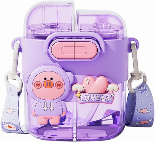 Chris. W Kawaii Water Bottle for Girls, 20oz Cute Water Bottles with Straw and Adjustable Strap, Two Different Drinks in One Cup, Cute Bunny Bottle with Bear and Heart for School Sport Travel, Purple