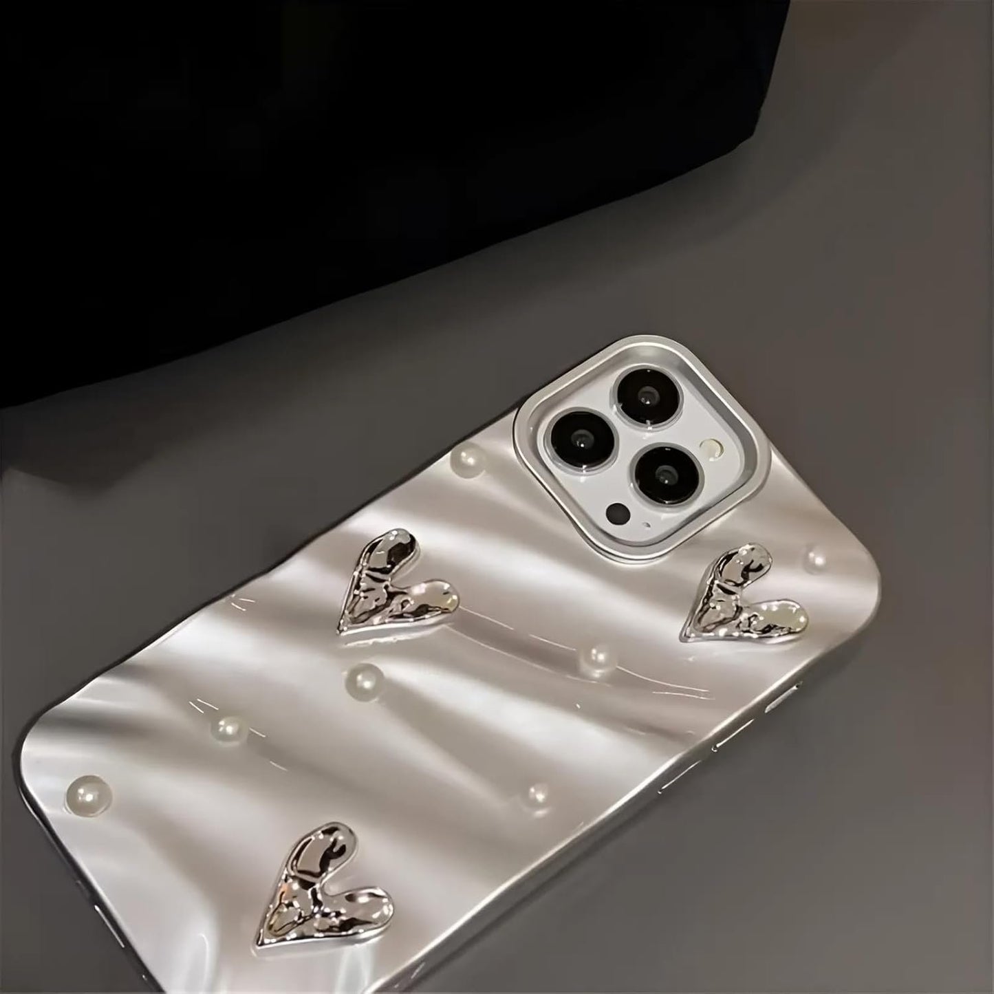 TECH Work Designed for iPhone 15 Pro Max Case, Silver Diamond Heart Fancy Luxury Designer Case for Women Girls, Shockproof Body Cover