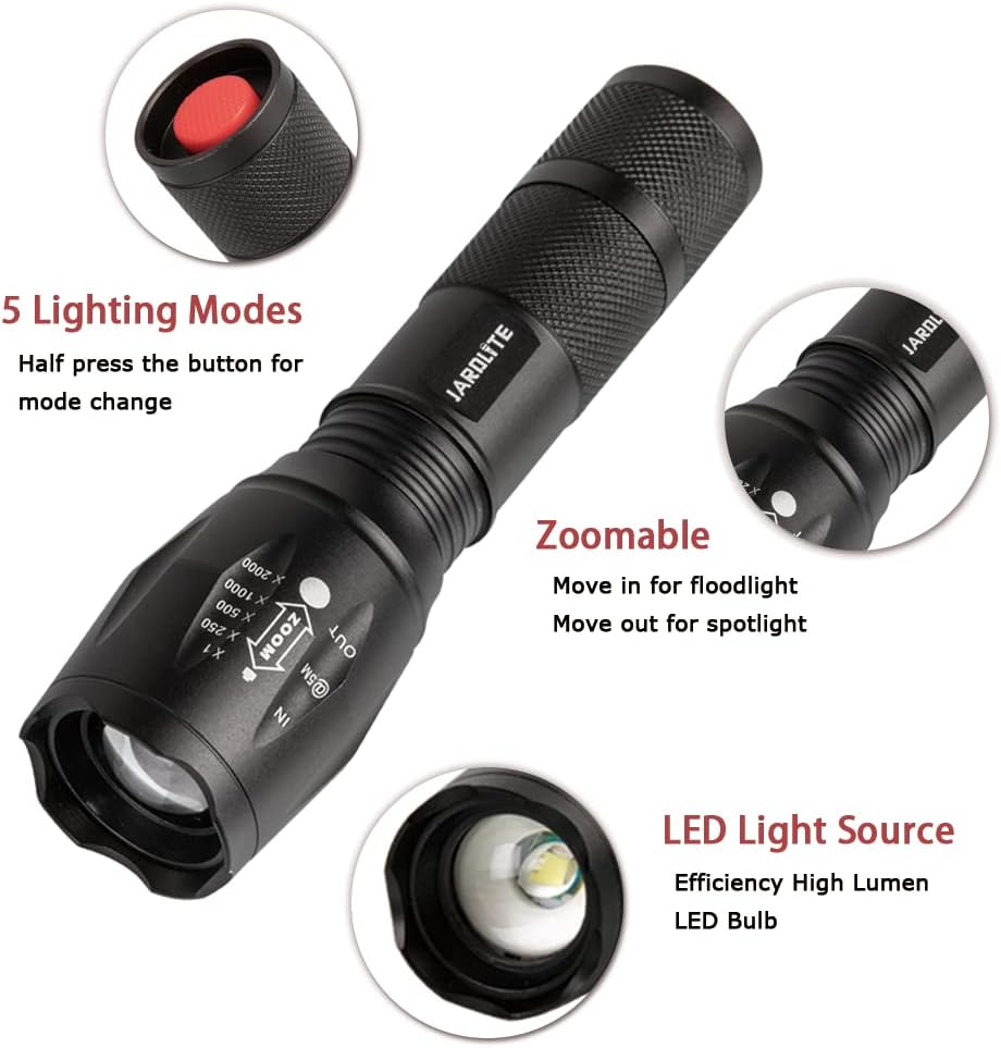 LED Emergency Handheld Flashlight, 4 Pack, Adjustable Focus, Water Resistant with 5 Modes, Best Tactical Torch for Hurricane, Dog Walking, Camping