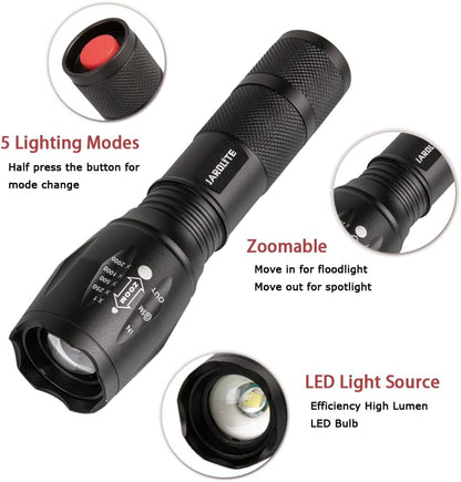 LED Emergency Handheld Flashlight, 4 Pack, Adjustable Focus, Water Resistant with 5 Modes, Best Tactical Torch for Hurricane, Dog Walking, Camping