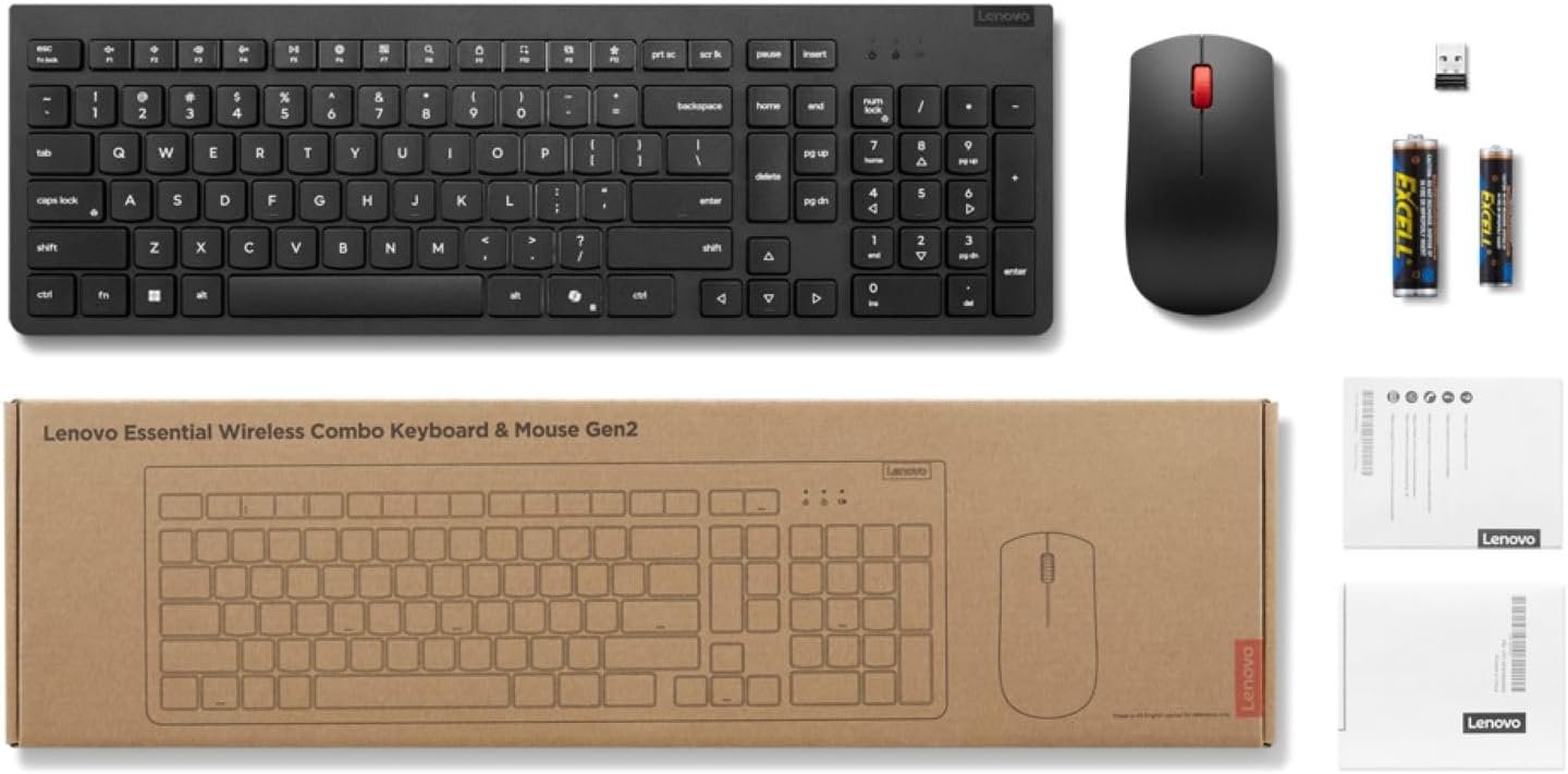 Lenovo Essential Wireless Keyboard & Mouse Combo Gen 2, 2.4 GHz Wireless Nano USB, Full Size Ambidextrous Mouse, AES-128 Encryption Keyboard, Black