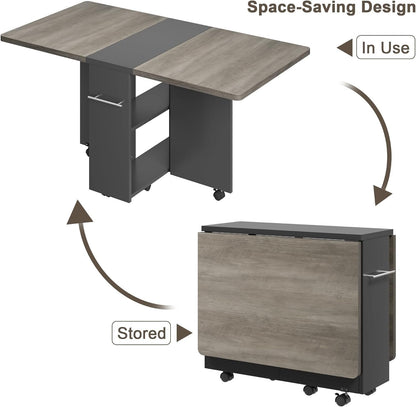 Space Saving Folding Dining Table with 2 Tier Storage-Extendable Drop Leaf Farmhouse Kitchen Dining Room Tables Set for 4, Collapsible Expandable Rectangle (Carlo Grey, 47.2" D x 23.6" W x 29.5" H)