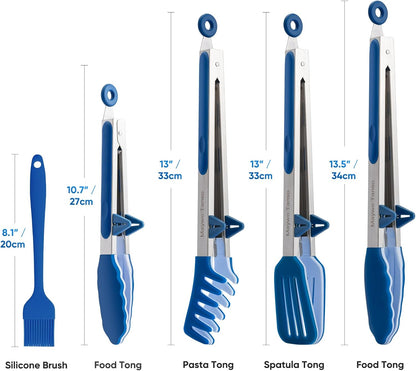 5-Pack Silicone Tongs for Cooking,Maywe Tanso 4PCS 13-Inch Cooking Kitchen Tongs with Silicone Tips,Nonstick Stainless Steel Tongs for Steak Pie Pizza Pasta Spaghetti Salad BBQ Buffet,Plus Brush