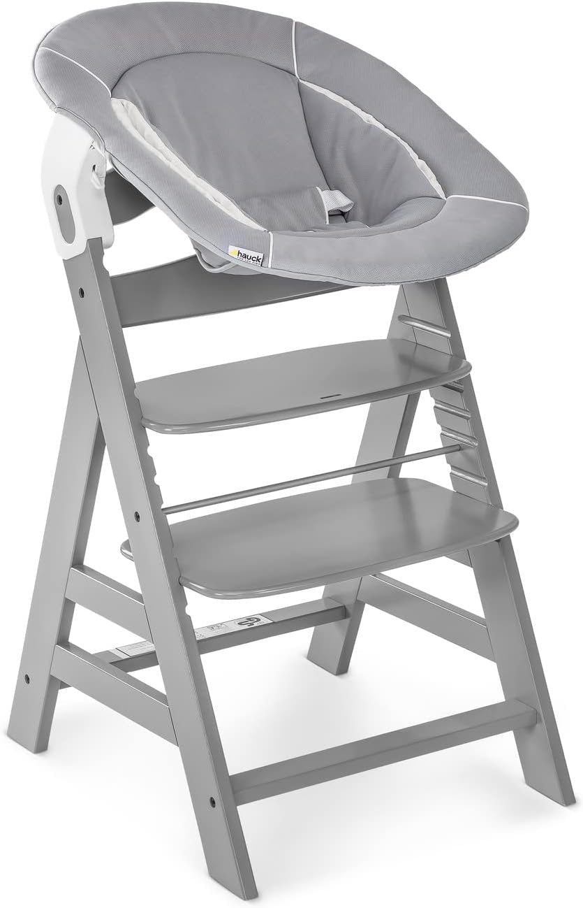 hauck Alpha Bouncer 2-in-1, Grey - Baby Bouncer with Rocking Base Compatible with Alpha+ and Beta+ Baby High Chairs - from 0 Months to 9 kg - with 3-Point Belt and Seat Reducer