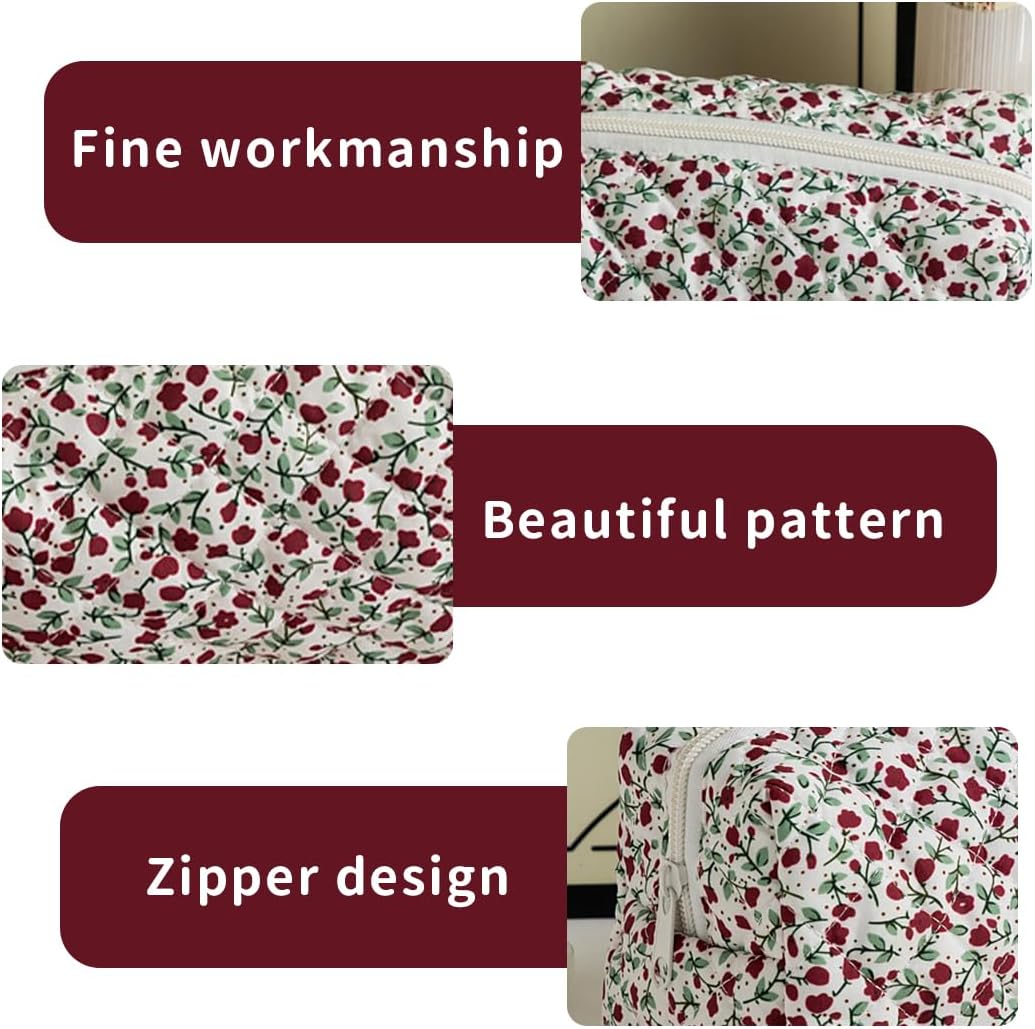NJCXOLA Travel Cosmetic Bag, Quilted Cosmetic Bag, Floral Pattern Large Capacity Soft Cotton Makeup Bag for Brushes and Beauty Accessories
