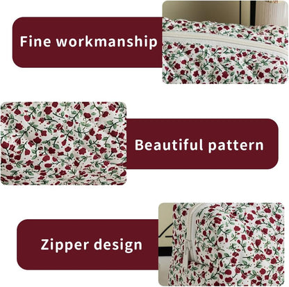 NJCXOLA Travel Cosmetic Bag, Quilted Cosmetic Bag, Floral Pattern Large Capacity Soft Cotton Makeup Bag for Brushes and Beauty Accessories