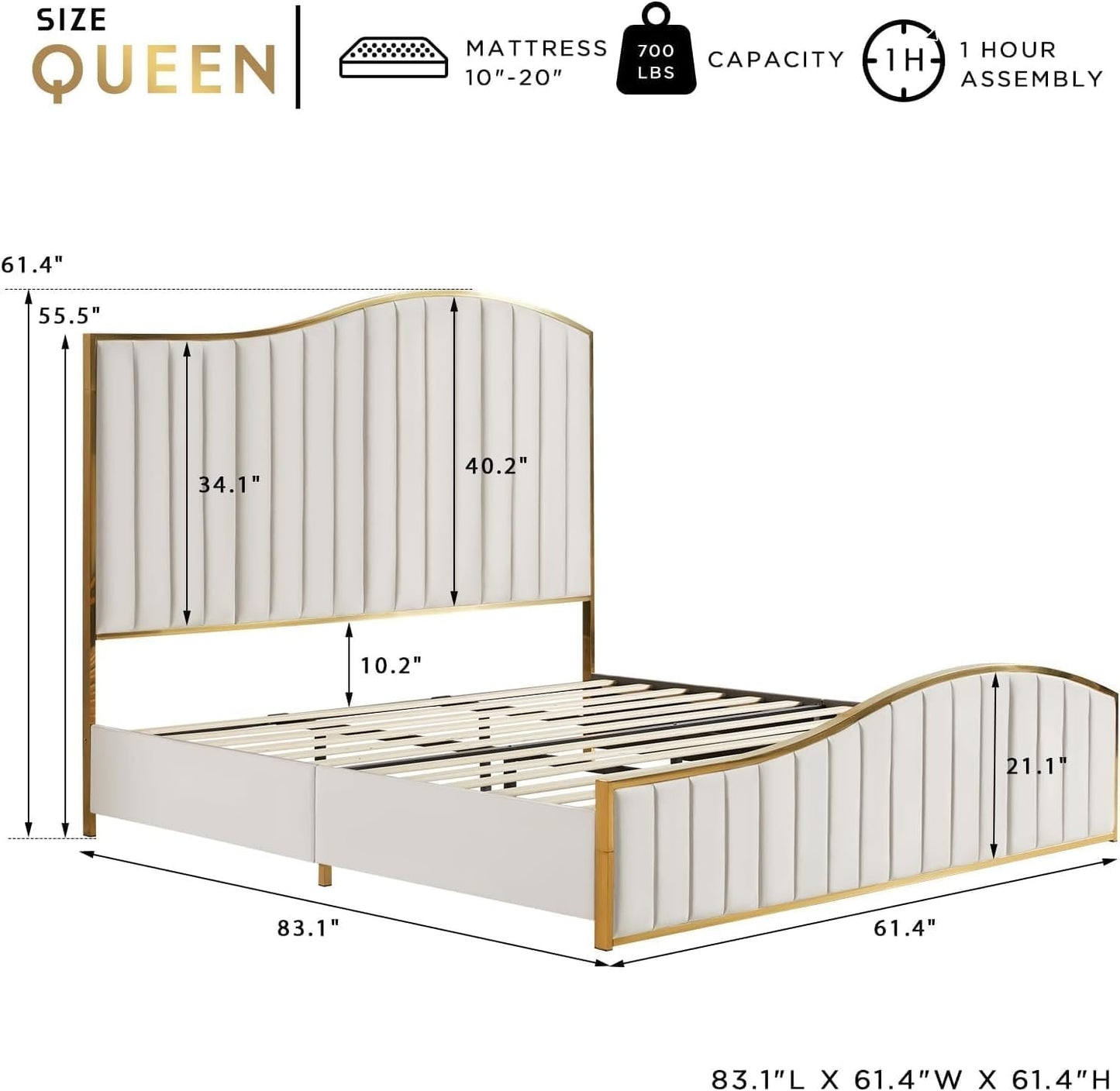 Jocisland King Size Bed Frame, 61.4" High Headboard Platform Bed Velvet Upholstered with Gold Trim & Footboard/Wooden Slats/No Box Spring Required/Cream