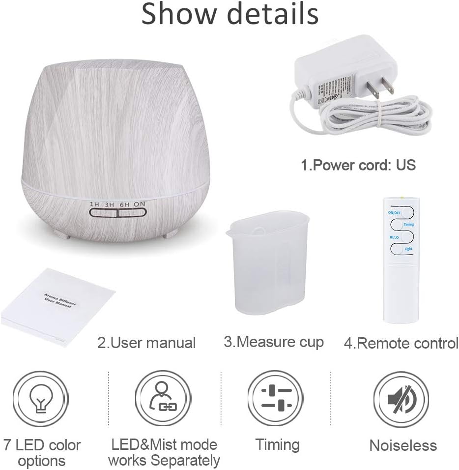 Aromatherapy Essential Oil Diffuser 550ml Ultrasonic Diffusers Cool Mist Air Humidifier with Remote Control 7 Colors LED Lights and Waterless Auto Shut-Off Timer for Home Bedroom Room Office
