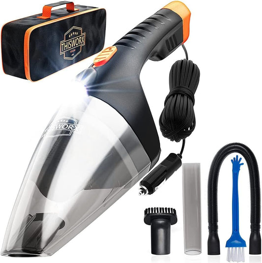 ThisWorx Car Vacuum Cleaner - LED Light, Portable, High Power Handheld Vacuums w/ 3 Attachments, 16 Ft Cord & Bag - 12v, Auto Accessories Kit for Interior Detailing - Black