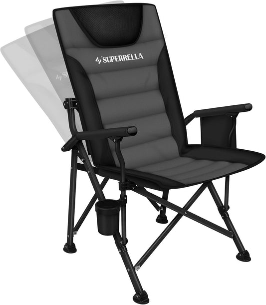 Superrella Movable Backrest Camping Chair for Adults with Cup Holder Folding Lawn Chairs for Outdoor Activities, Beach, Sports, Travel & Picnic, Black & Grey
