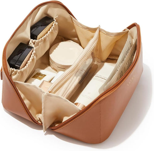 EACHY Travel Makeup Bag, Large Capacity Cosmetic Bags for Women, Waterproof Portable Pouch Open Flat Toiletry Bag