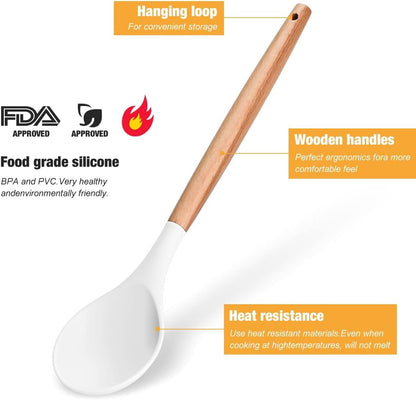 Lychee 12 Pieces Silicone Kitchen Utensils Set with Stand, Non-Stick Cookware, Heat Resistant Wooden Handles, Kitchen Utensils, BPA Free, Non-Toxic, Spatula, Spoon, Kitchen Gadgets