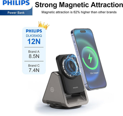 PHILIPS 3 in 1 Wireless Charging Station with Magsafe Qi | iPhone/Samsung | iWatch | Airpod | Multiple Charger Devices Station| Desktop/Portable Foldable Reliable 3X Devices with Ring & Decal (V2.0)