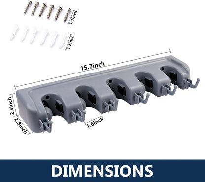 Mop and Broom Holder - Wall Mounted Garage Tool Organizer Broom Hanger Rack- Ideal for Home Kitchen Garage Garden Laundry Bathroom Tool Organizer With 5 Racks and 6 Hooks Broom Holder