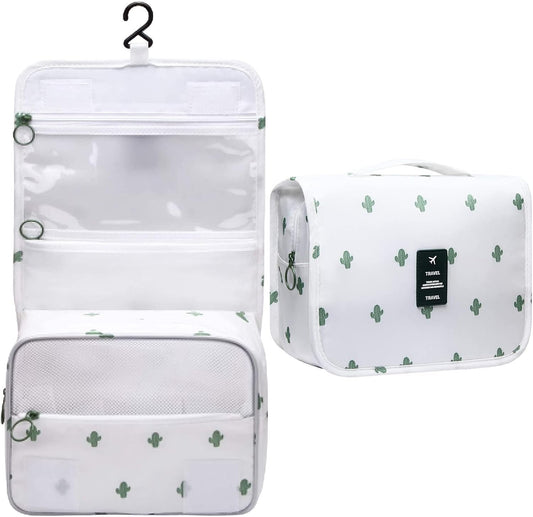 SxoSyo Toiletry Bag for Women Hanging Travel Bag for Toiletries Large Capacity Travelling Accessories Makeup Bags Organizer Cosmetic Bag Waterproof Bathroom Bag, Cactus White, Small, Portable Handle