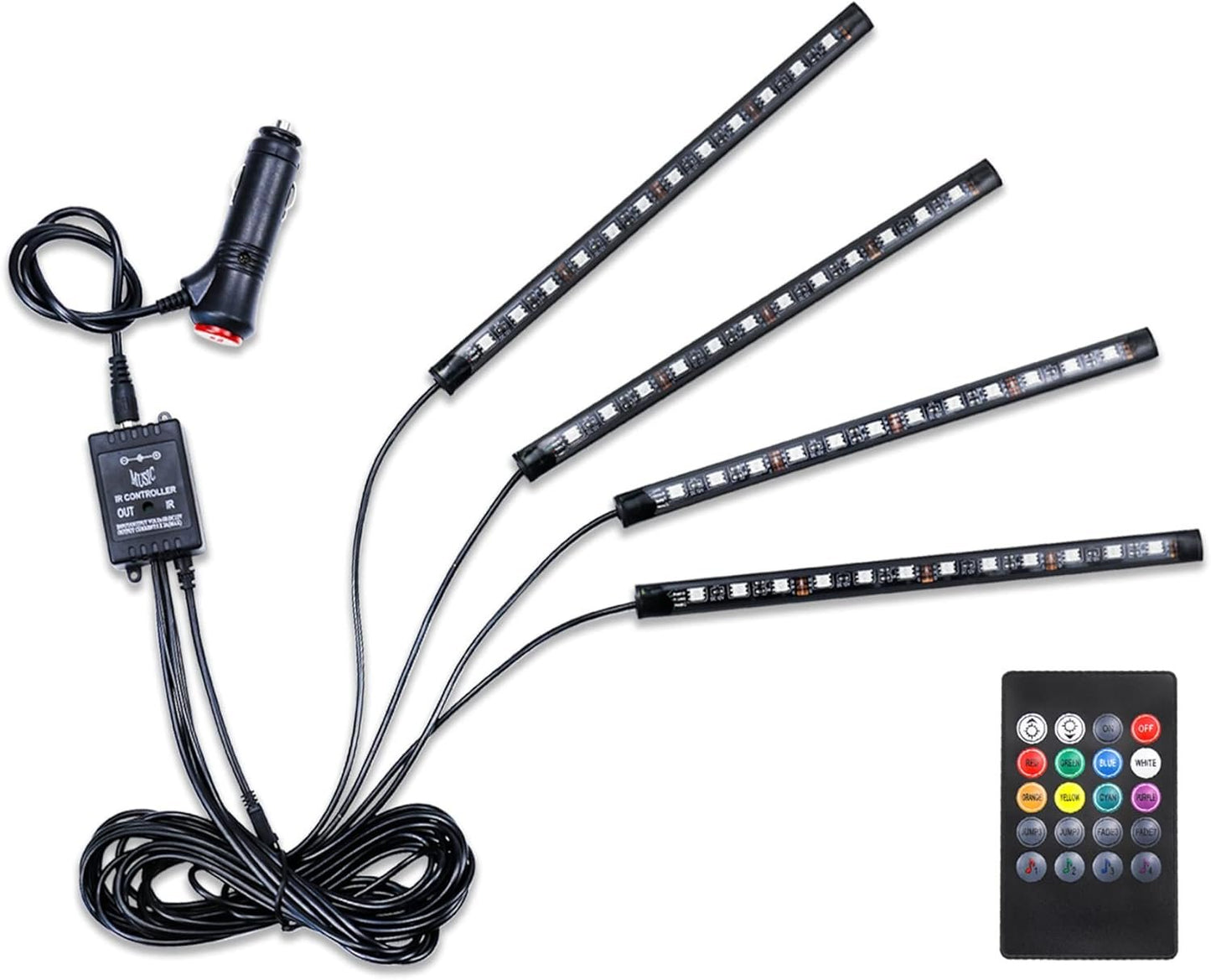 LivTee Car Led Interior Lights，4pcs 48 LED Multicolor Music Car Interior Accessories Under Dash Lighting Waterproof Kit with Sound Active Function and Wireless Remote Control, Car Charger Included