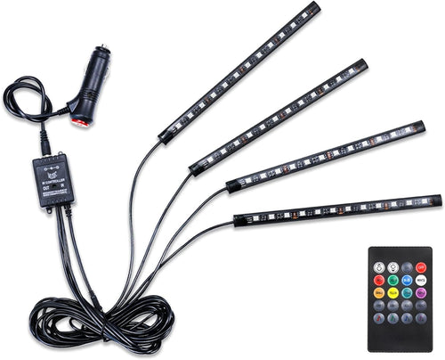 LivTee Car Led Interior Lights，4pcs 48 LED Multicolor Music Car Interior Accessories Under Dash Lighting Waterproof Kit with Sound Active Function and Wireless Remote Control, Car Charger Included