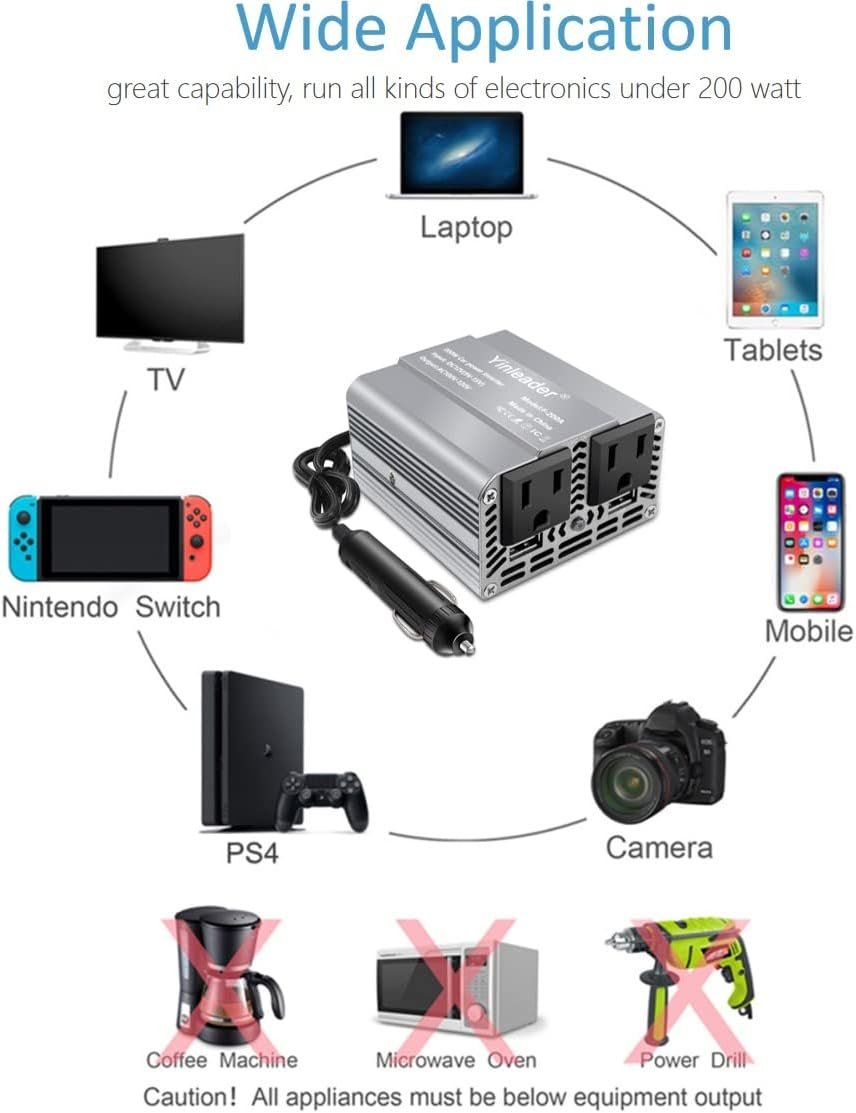 Yinleader 200W Car Power Inverter DC 12V to 110V AC Car Plug Adapter with Dual 3.1A USB Ports and 2 AC Outlets, Cigarette Lighter Adapter, Grey