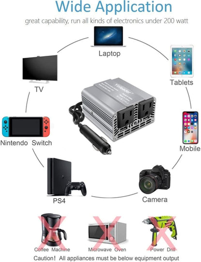 Yinleader 200W Car Power Inverter DC 12V to 110V AC Car Plug Adapter with Dual 3.1A USB Ports and 2 AC Outlets, Cigarette Lighter Adapter, Grey