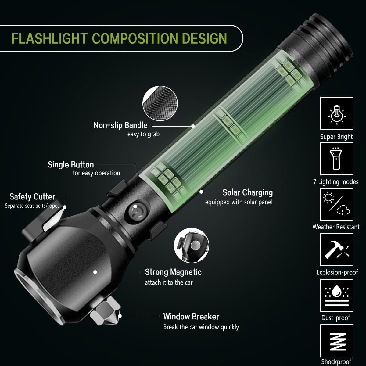 Serjur Rechargeable Solar Powered Flashlight,Multi Function LED Tactical Flashlight with Glass Breaker,Seatbelt Cutter,Alarm and Phone Charger,Powerful Handheld Flashlights for Emergencies Camping