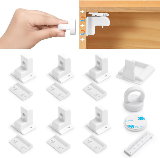 Inaya Magnetic Cabinet Locks for Baby Proofing, Child Proof Magnet Locks for Cabinets & Drawers with Invisible Design, 3M Adhesive, 6 Locks & 1 Key, No Drill & Tools Needed