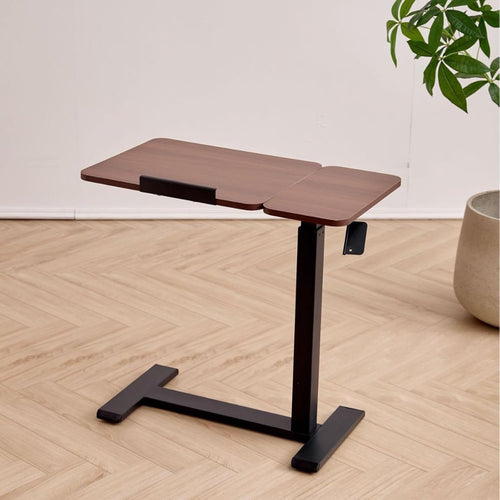 Medical Tiltable Overbed Table, Pneumatic Height Adjustable, Laptop Desk with Wheels, Mobile Standing Desk, Rolling Computer Cart, Suitable for Hospital and Home Use (Walnut Coloured)