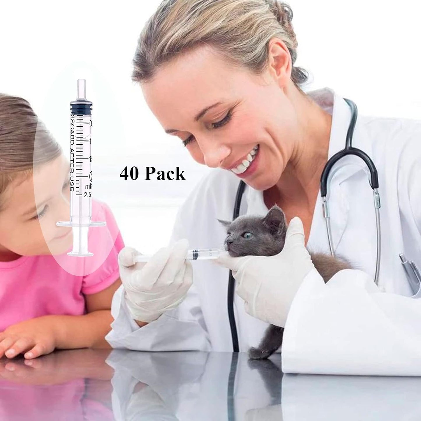 40 Pack 2ml Plastic Syringe Individually Sealed with Measurement for Feeding Pets, Watering, Scientific Labs, Medical Student, Measuring, Refilling, Oil or Glue Applicator, No Needle