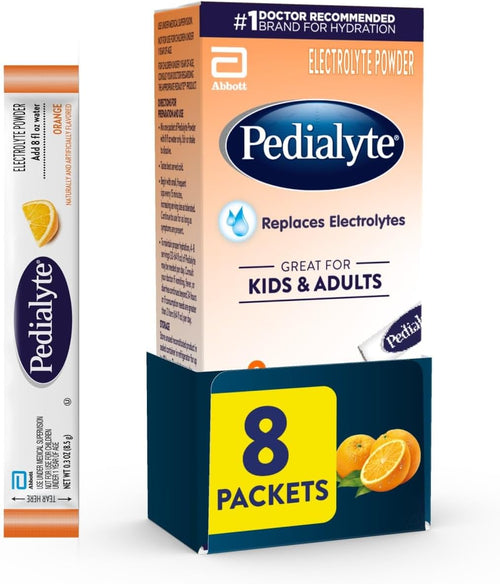 Pedialyte Electrolyte Powder, Hydration Drink for Kids & Adults, Orange, 8 Powder Packets