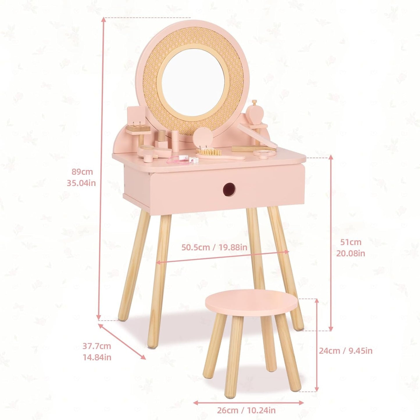 OOOK Kids Vanity Table and Chair Set, Pink Girls Vanity with 11 Pcs Accessories, Enough for Real and Pretend Makeup, Toddler Vanity for 3 Year Old and Up as Ideal Gift