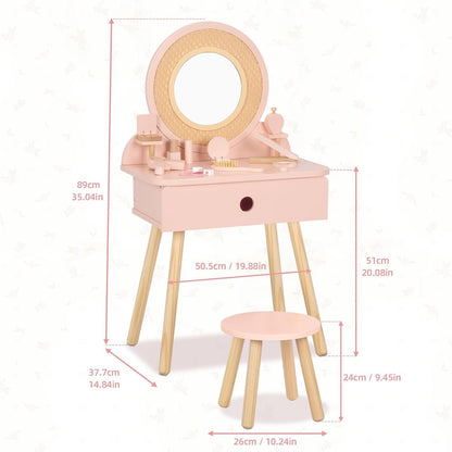 OOOK Kids Vanity Table and Chair Set, Pink Girls Vanity with 11 Pcs Accessories, Enough for Real and Pretend Makeup, Toddler Vanity for 3 Year Old and Up as Ideal Gift