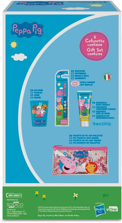 Naturaverde Peppa Pig Gift Set Oral Care, Manual Toothbrush, Children's Toothpaste Strawberry Flavour, 75 ml, Glitter Cup and Pouch