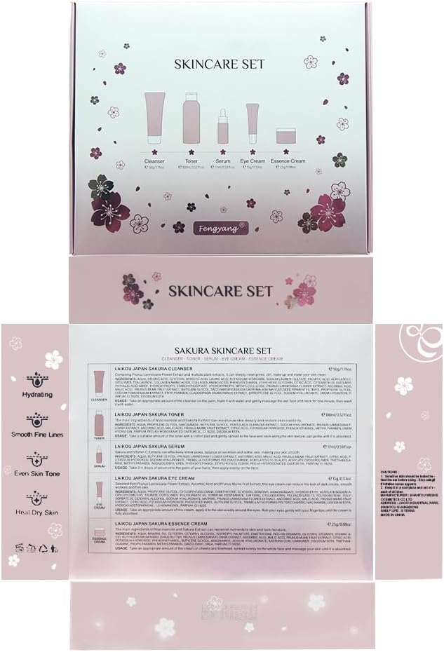 Fengyang® Sakura Skin Care Kit 5 Piece Skin Care Set Sakura Skin Care Kit Moisturizing Gift Women Facial Tool With Cherry Blossom Extract (5set)